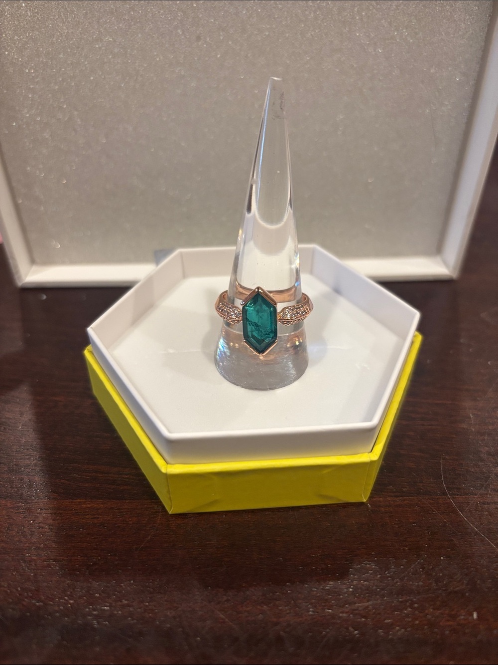 May 25: Rose Gold Ring with Emerald Green Hexagonal Stone